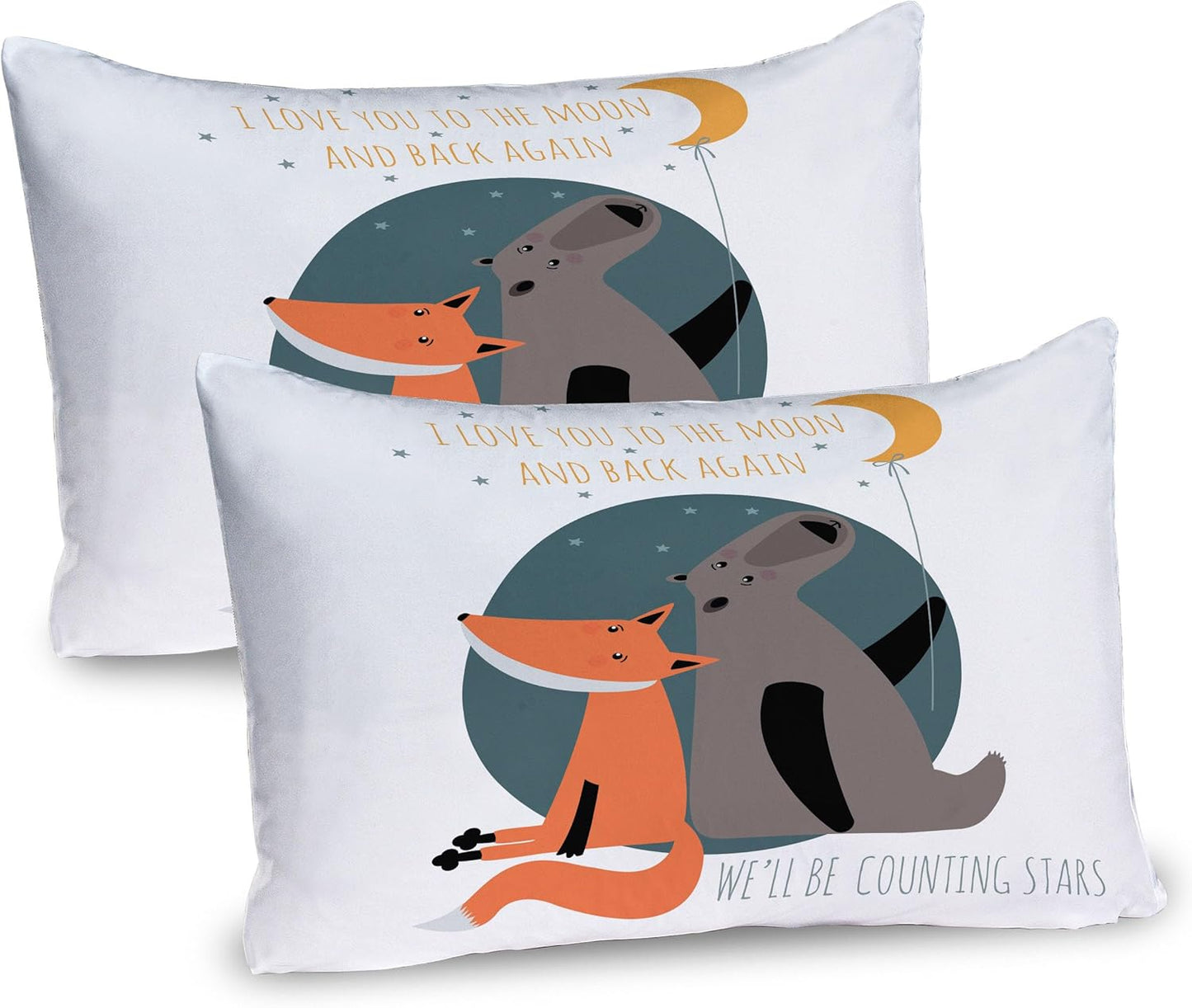 Ambesonne I Love You Pillow Sham Set of 2, Bear and Fox in Love Counting Stars at Night Animal Birthday Print, Quality Microfiber Bedding Item for All Seasons, 26" x 20", Orange Slate Blue Grey