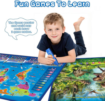 Qiaojoy Bilingual Interactive World Map for Kids Learning and Educational Toys, Talking Electronic Kids World Map i-Poster Geography Games Ages 3 to 12 Years Old, Custom Talking Birthday Gifts Card
