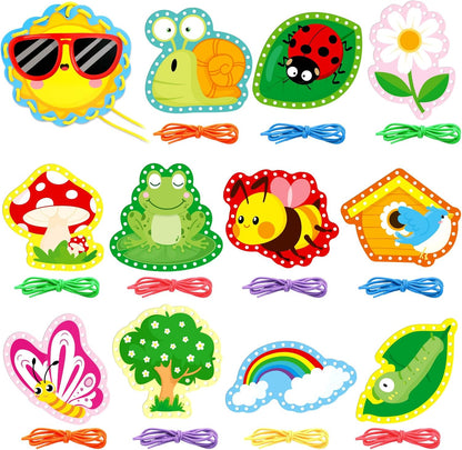 Springtime Lacing Cards for Kids 12 Packs Sewing Kits Rainbow Flower Butterfly Cardboard Sewing Cards Lacing Games for Developing Imagination School Learning Activity Supplies Spring Decorations
