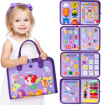 hahaland Busy Board for Toddlers - Montessori Toys Preschool Learning Activities with Life Skills, Alphabet, Number, Shape, Color, Animal, Weather - Toddler Boy Learning Educational Toys, Travel Toys