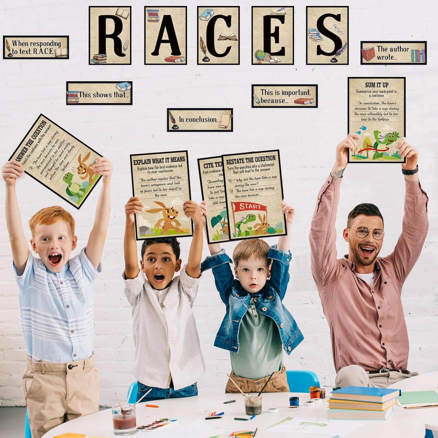 Outus 36 Pcs RACES Writing Strategy Bulletin Board Set, Alphabet Cutout Poster Sentence Starters Cards for Elementary School Classroom, Writing Display Wall Decoration Teacher Supply(Greenery)
