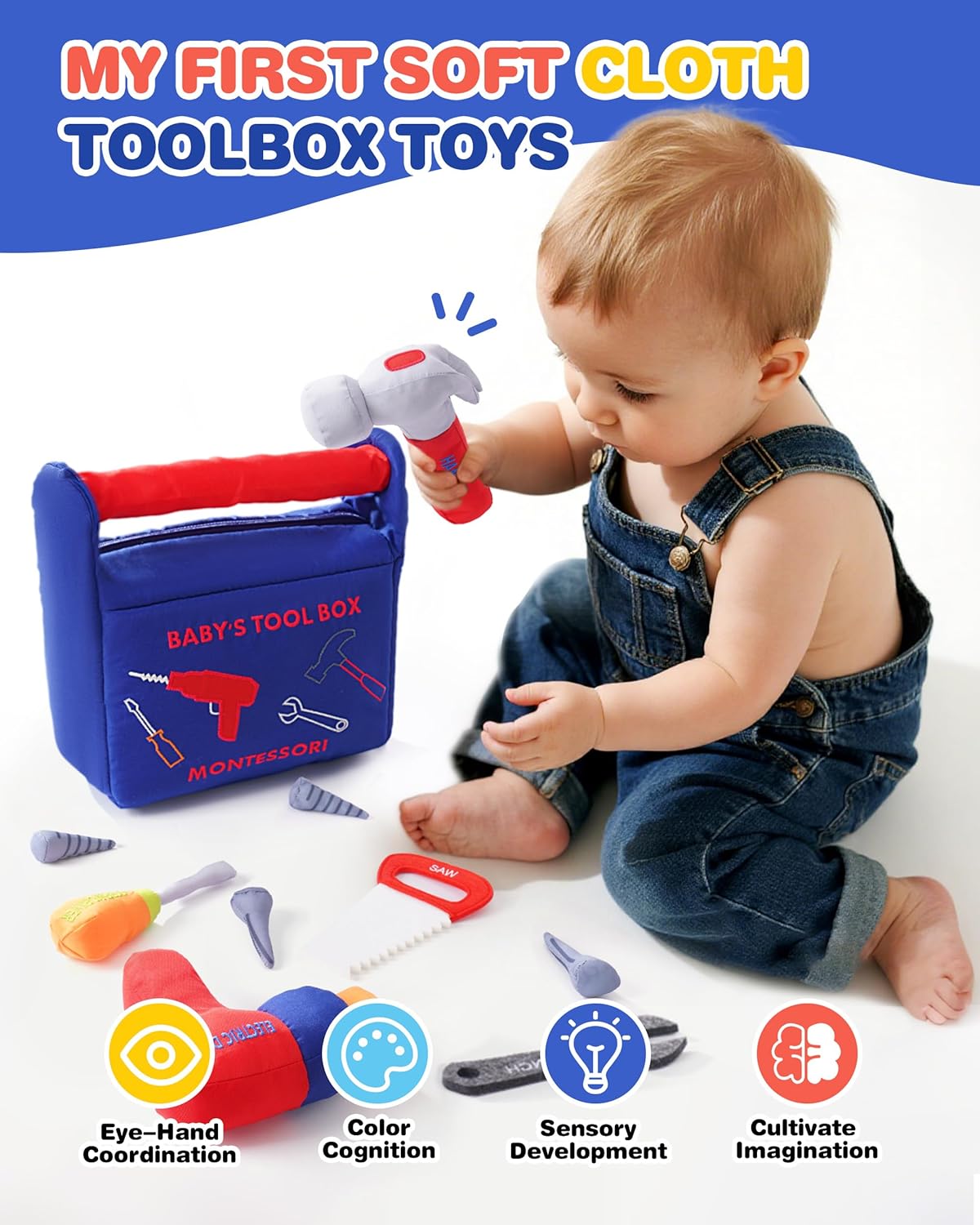 Jollybaby Soft Kid Tool Box Set Toy Inclub Drill Hammer Saw Wrench Screwdriver Screw for Baby, Montessori Preschool Educational Learning Construction Toys for Boy Birthday Gift - RED