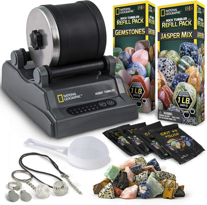 National Geographic Rock Tumbler Kit – Hobby Edition Includes Rough Gemstones, and 4 Polishing Grits, Great STEM Science Kit for Geology Enthusiasts, Rock Polisher for Kids and Adults