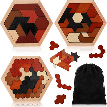 Yunsailing 3 Pack Large Hexagon Tangram Puzzle Wooden Brain Puzzles for Adult Challenge Wood Russian Blocks Brain Teasers Geometric Jigsaw Block Logic Iq Stem Family Graduation Gifts(Vintage)