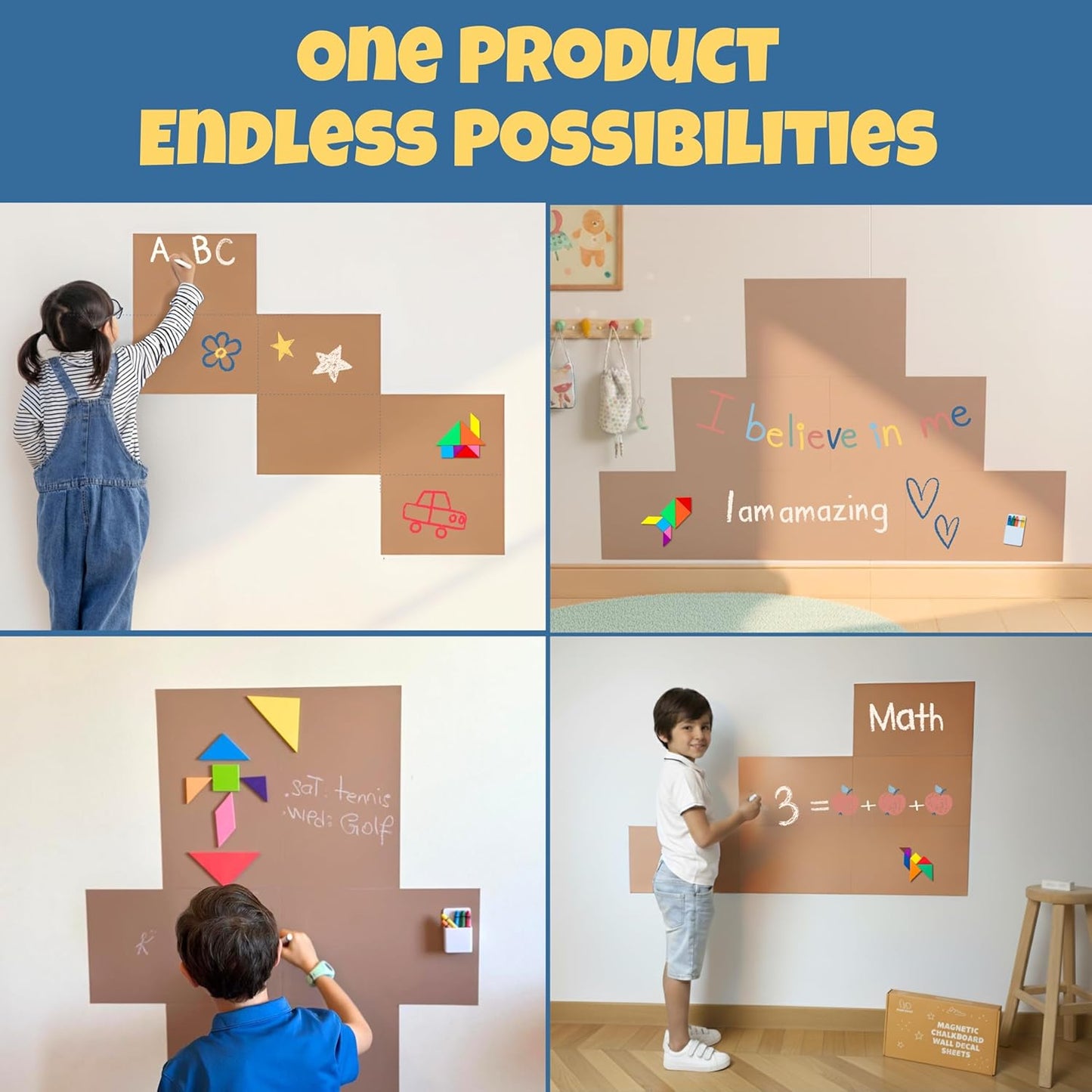 Magnetic Chalkboard Wall Decal for Kids – Set of 6 Peel and Stick Magnet Sheets with Chalk, Tangram Puzzle, and Holder – Modular Learning and Drawing Board for Homeschool, Playroom, Classroom