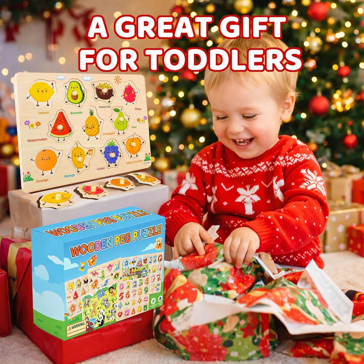 Wooden Peg Puzzles for Toddlers 1-3 – 6 Pack Toddler Puzzles, Preschool Educational Learning Puzzle Toys for Kids, Alphabet, Number, Shapes, Christmas Birthday Gifts for Boys, Girls