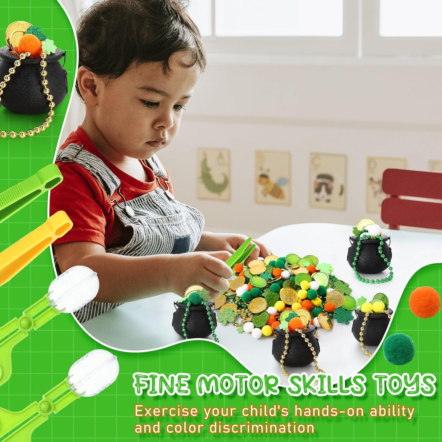 Foilswirl 436 Pcs St. Patrick Sensory Bin Filler Fine Motor Toys Include 4 Tweezers 2 Scissors Clips 200 Pom Poms 4 Cauldron Pot 60 Plastic Coins 6 Necklace 160 Shamrock Stickers for Sorting Counting