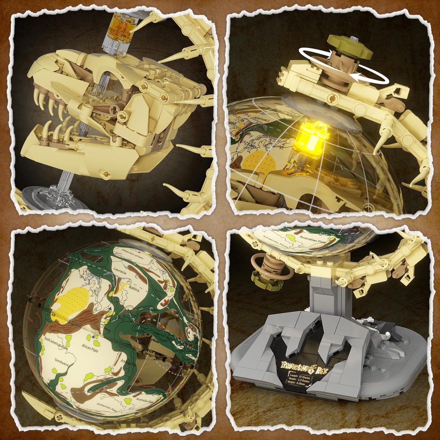Dinosaur Skull Fossils Globe Building Set,360° Rotatable Globe Display Model with LED Light,STEM Skeleton Model Educational Toy, Gifts for Boys and Girls Ages 14+