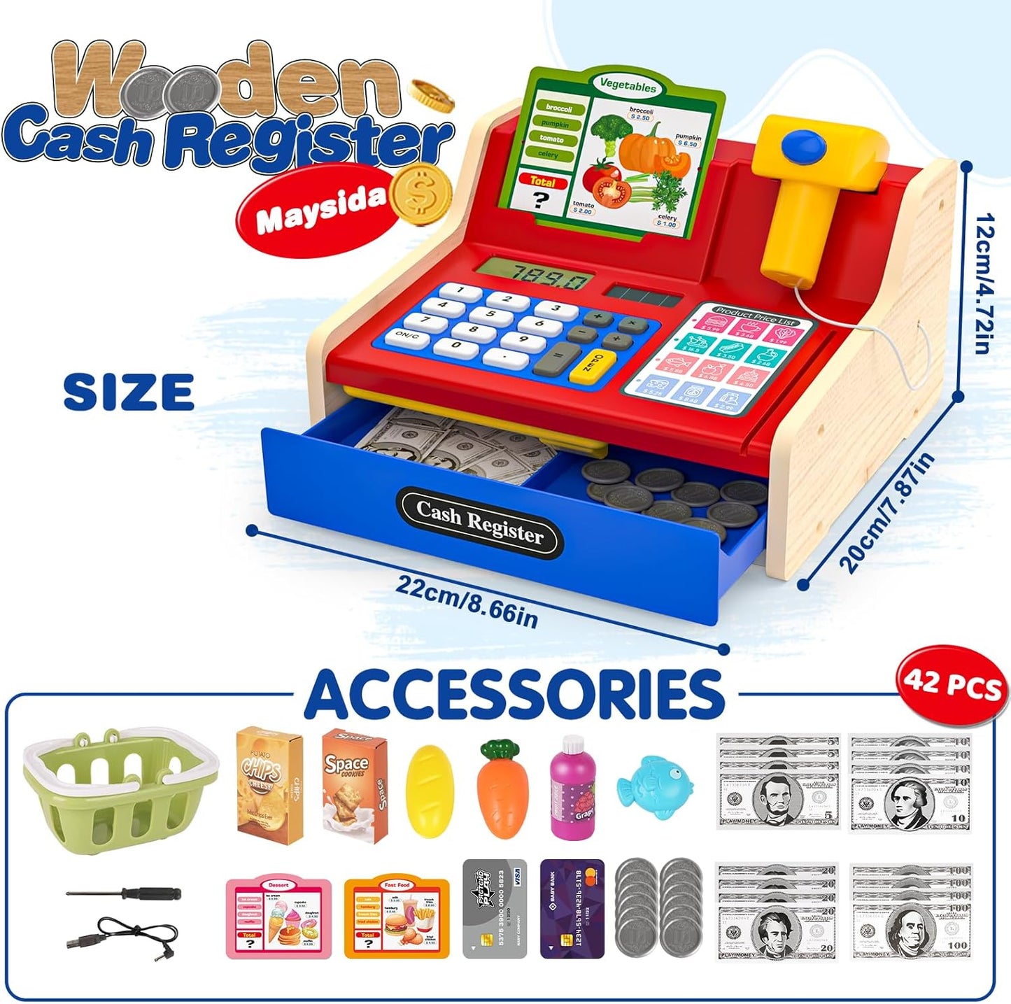 Kids Cash Register Toy Playset, Toddler Prentend Play Store with Real Calculator Cash Register with Scanner/Credit Card/Play Money/Food, Learning Toys for Boys Girls Toddlers(Pink)