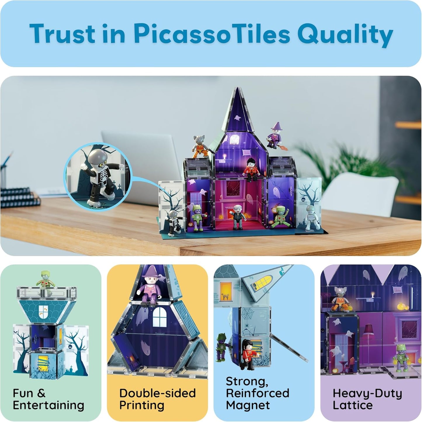 PicassoTiles 60pc Magnetic Tile Princess Castle Building Set with Double Sided Printed Tiles 2 Character Figures STEM Educational Toy Kit for Kids Pretend Play Montessori Learning Ages 3 to 8 PTQ04