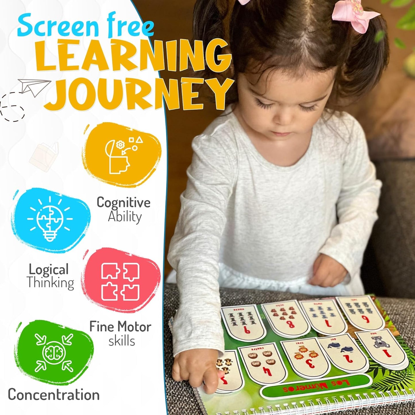 Busy Book for Toddlers 3 and Up – Preschool Learning Activities Bilingual Book in Spanish and English with 32 Activities – Educational Toddler Activity Book with 8 Color Markers