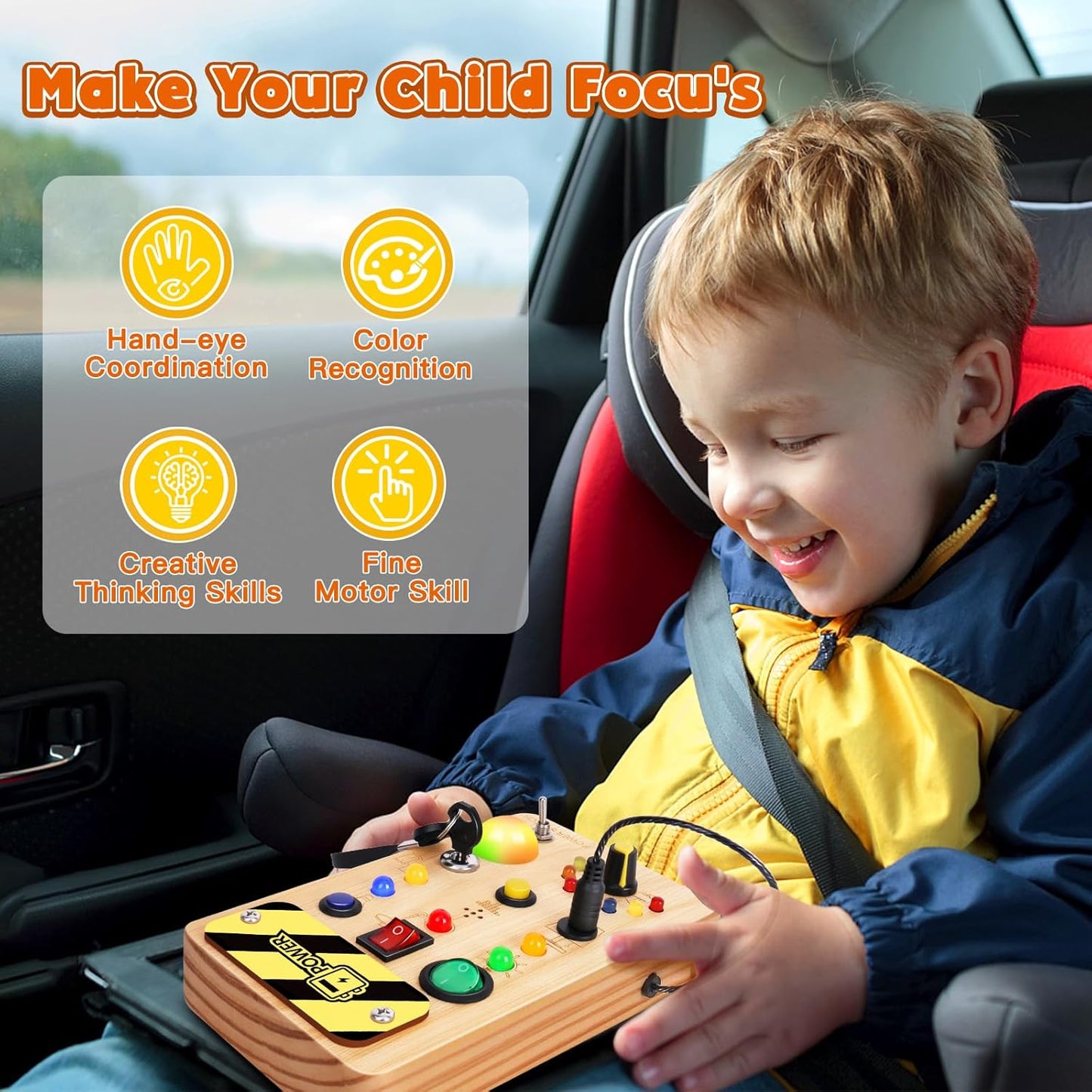 TINTECUSA Busy Board Montessori Toys for Toddler, Wooden Sensory Board Switch Toy with Shape Sorter LED Light Up Toys Educational Plane Travel Activity for Girls & Boys