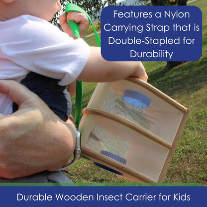 Wooden Bug Box for Kids, Dual Chamber Insect Habitat with Nylon Carrying Strap