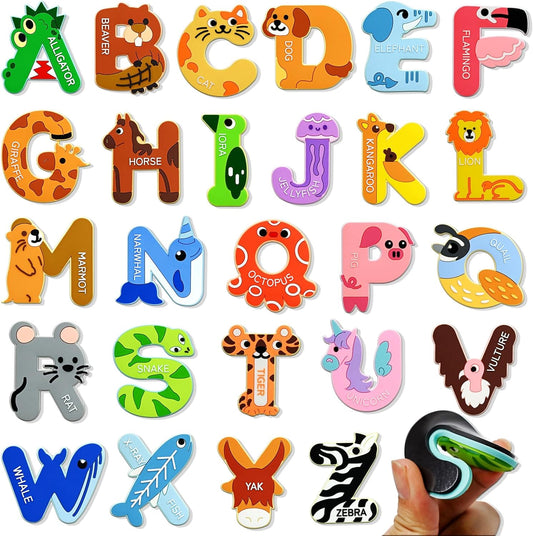 Soft Rubber Magnetic Letters with Thicker Full Back, Big Size Animal Alphabet Magnets for Fridge,Cute ABC Letter Fridge Magnets for Pre-School Learning Tools Birthday Present