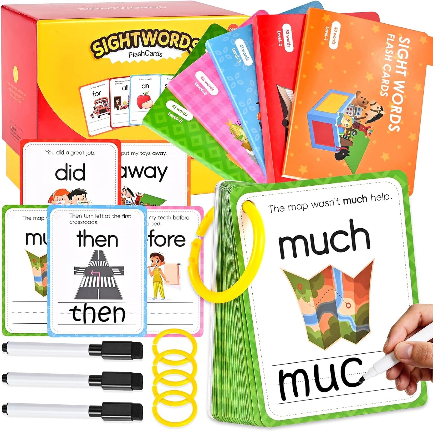 Goldge Sight Words Flash Cards Kindergarten, 220+ High-Frequency Words with Sentences Reading Writing Spelling Practice Cards with Dry Erase Markers, Learning Activities for Preschool Grade 1 2 3