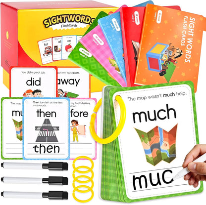 Goldge Sight Words Flash Cards Kindergarten, 220+ High-Frequency Words with Sentences Reading Writing Spelling Practice Cards with Dry Erase Markers, Learning Activities for Preschool Grade 1 2 3