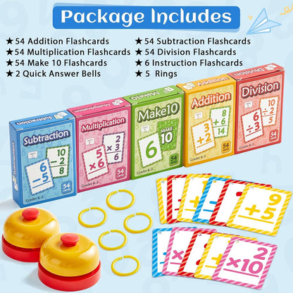 Math Flash Cards Set of 5 - Addition Subtraction Division Multiplication Make 10 for 1st 2nd 3rd Math Game with 5 Rings 2 Quick Answer Bells 276 Double-Sided Flashcards