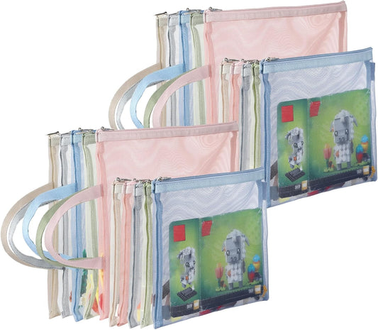 10 Pack Colored Mesh Zipper Pouch Bags, Double-Layer Nylon Puzzle Building Block Sets Toy Storage & Organization, Breathable See Through A4 Zipper Pouch with Handle for School Games