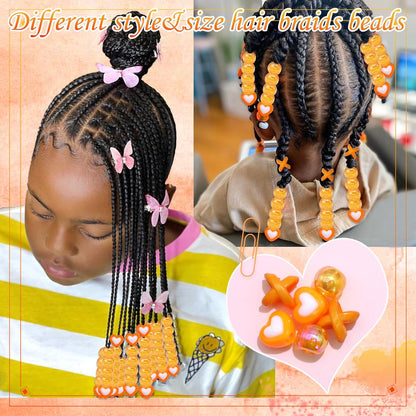 60PCS Pink White Hair Beads for Braids Three Styles Cute Loc Beads Heart Shape Bead for Kids Dreadlock AB Color Round Pony Bead Accessories
