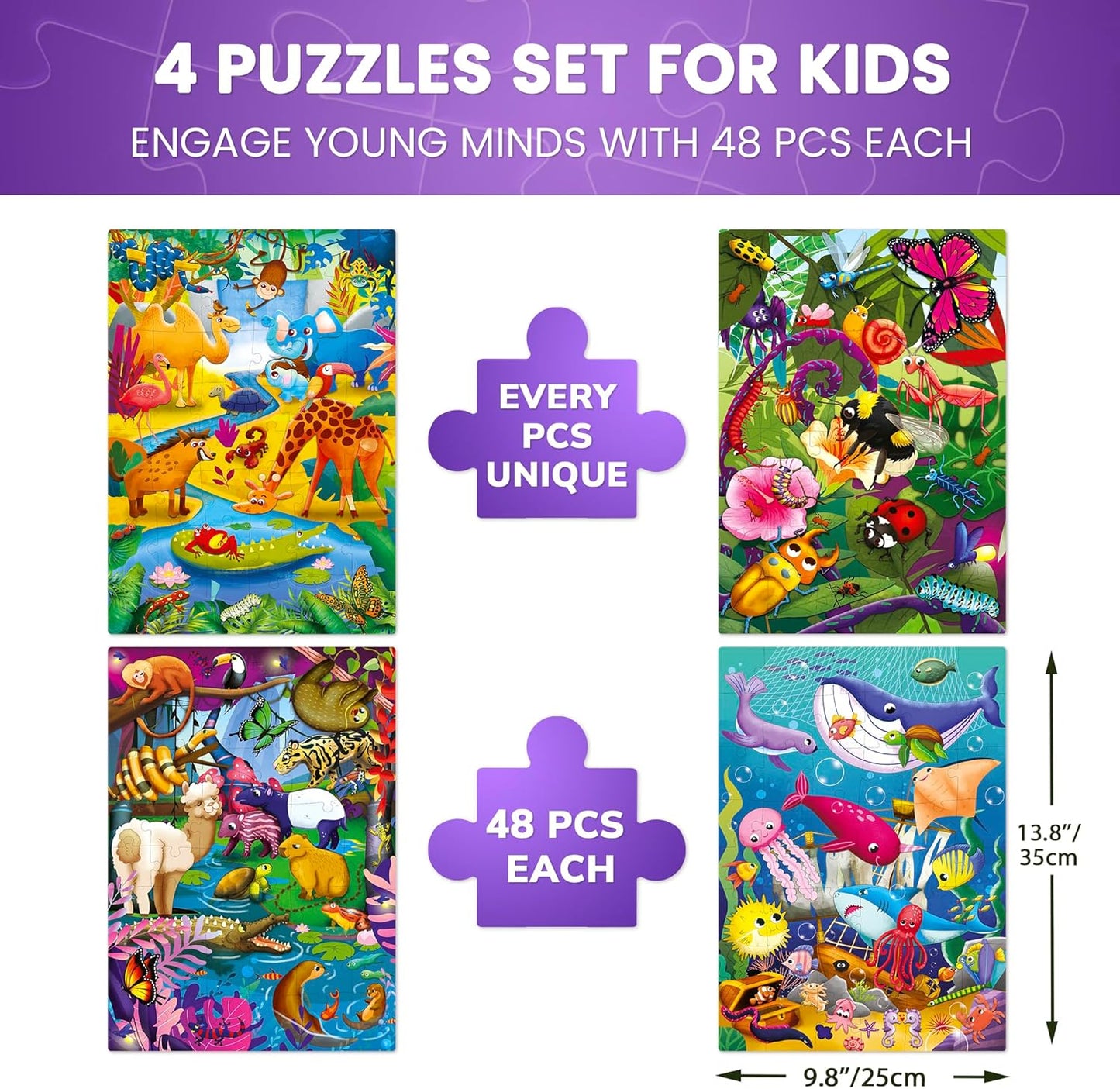 QUOKKA Puzzles for Kids Ages 4-6 – 4 x 48 Pieces Jigsaw Puzzles for Toddlers 2-4 – Children's Game Ages 3-5 for Learning Farm Animals – Educational Preschool Toy for Boys and Girls 4-8 Years Old