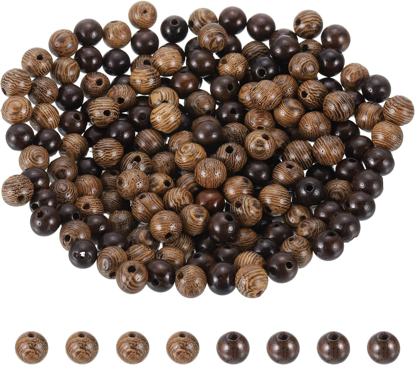 HARFINGTON 200pcs Round Wooden Beads, 10mm Dia Small Wood Beads for DIY Crafts, Bracelet, Wristlet, Necklace, Jewelry Making, Khaki Brown&Black