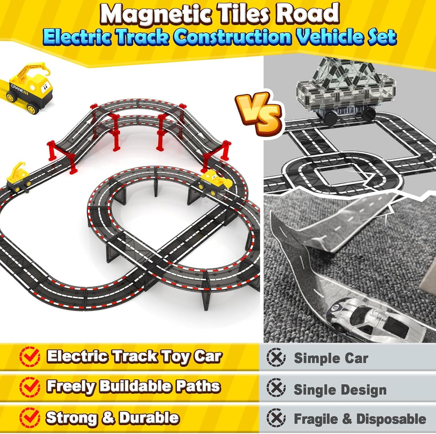 104 PCS Magnetic Tiles Road Set, STEM Construction Toys for Kids Ages 3-5 5-7 4-8, Magnet Building Blocks for Toddler Toys Games, Christmas Birthday Gifts for 3+ Year Old Boys Girls