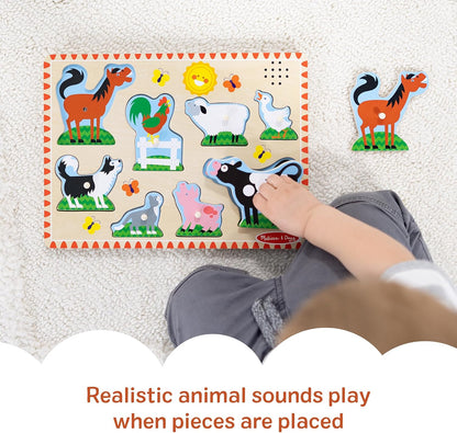 Melissa & Doug Farm Animals Sound Puzzle – 8-Piece Wooden Peg Puzzle with Light-Activated Sounds, Music Learning Toy for Toddlers and Preschoolers Ages 2+