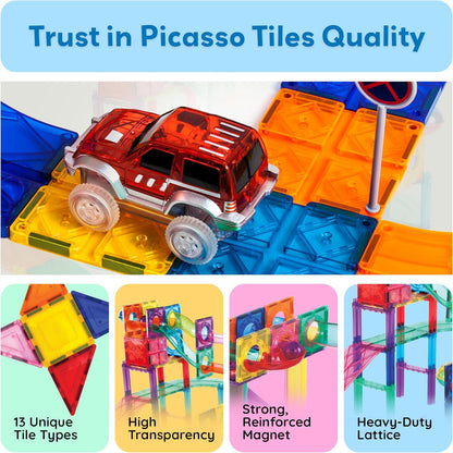 PicassoTiles 108pc Magnetic Marble Run Set with Building Tiles Race Track Car Slides Set STEM Learning Toy 3-in-1 Preschool Construction Kit for Indoor Activity and Development for Kids age 3+ PTG108