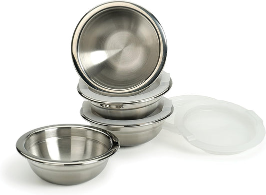 RSVP International Kitchen Prep Bowl Collection, Stainless Steel, Dishwasher Safe, Cup & Lid, 4 Piece, 3-ounce