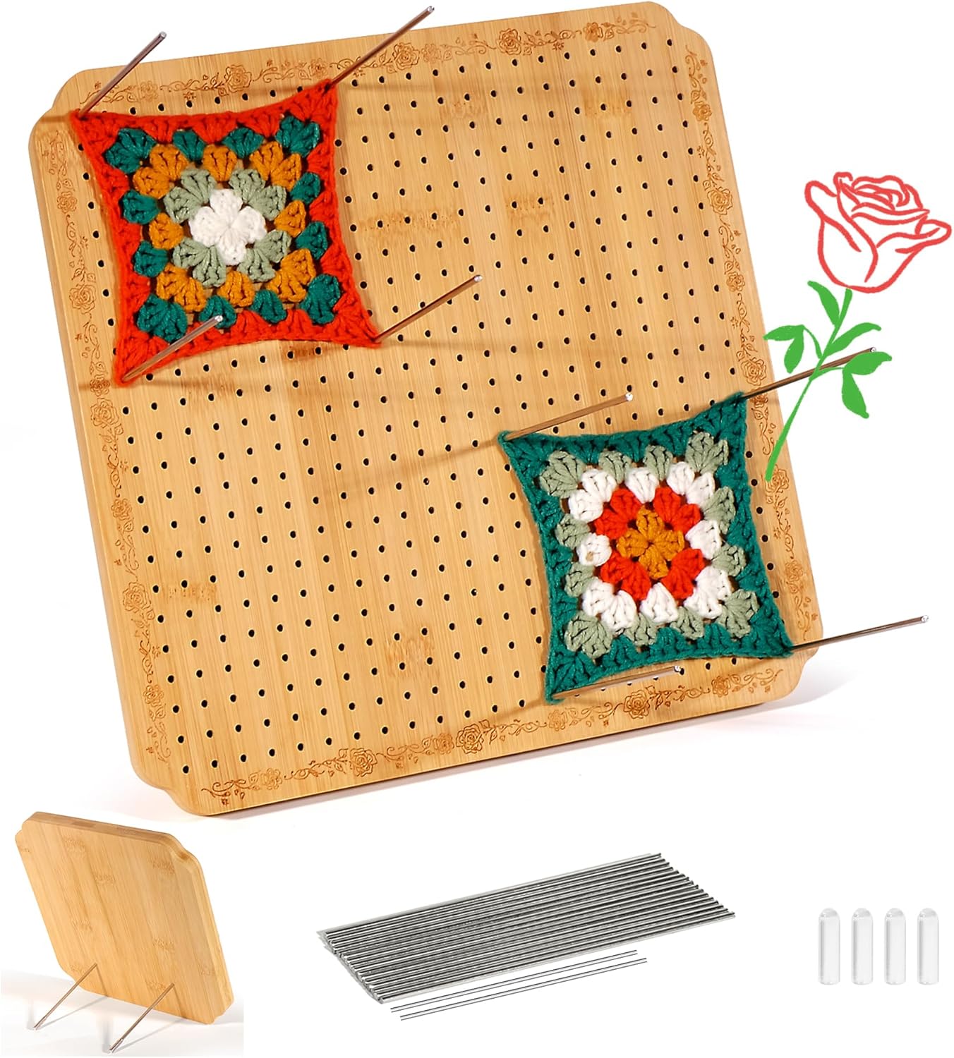 CraftyManor 7.6 in Blocking Boards for Crochet Projects with Rose Pattern, Crochet Blocking Board with Pegs, Granny Square Blocking Board with 20 Stainless Steel Pegs, Bamboo