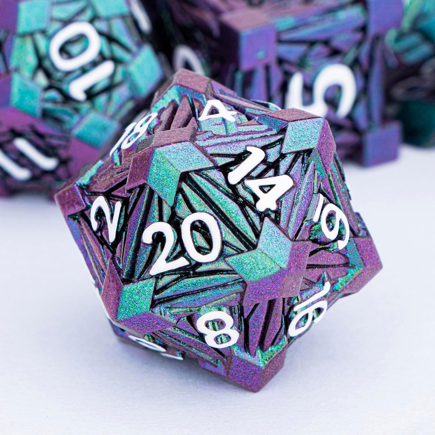 7PCS Metal DND Dice Set with Box, Debris RPG Blue White D and D Dice for D&D Tabletop Games Role Playing Game Polyhedral Dice Set D20 D12 D10 D8 D6 D4