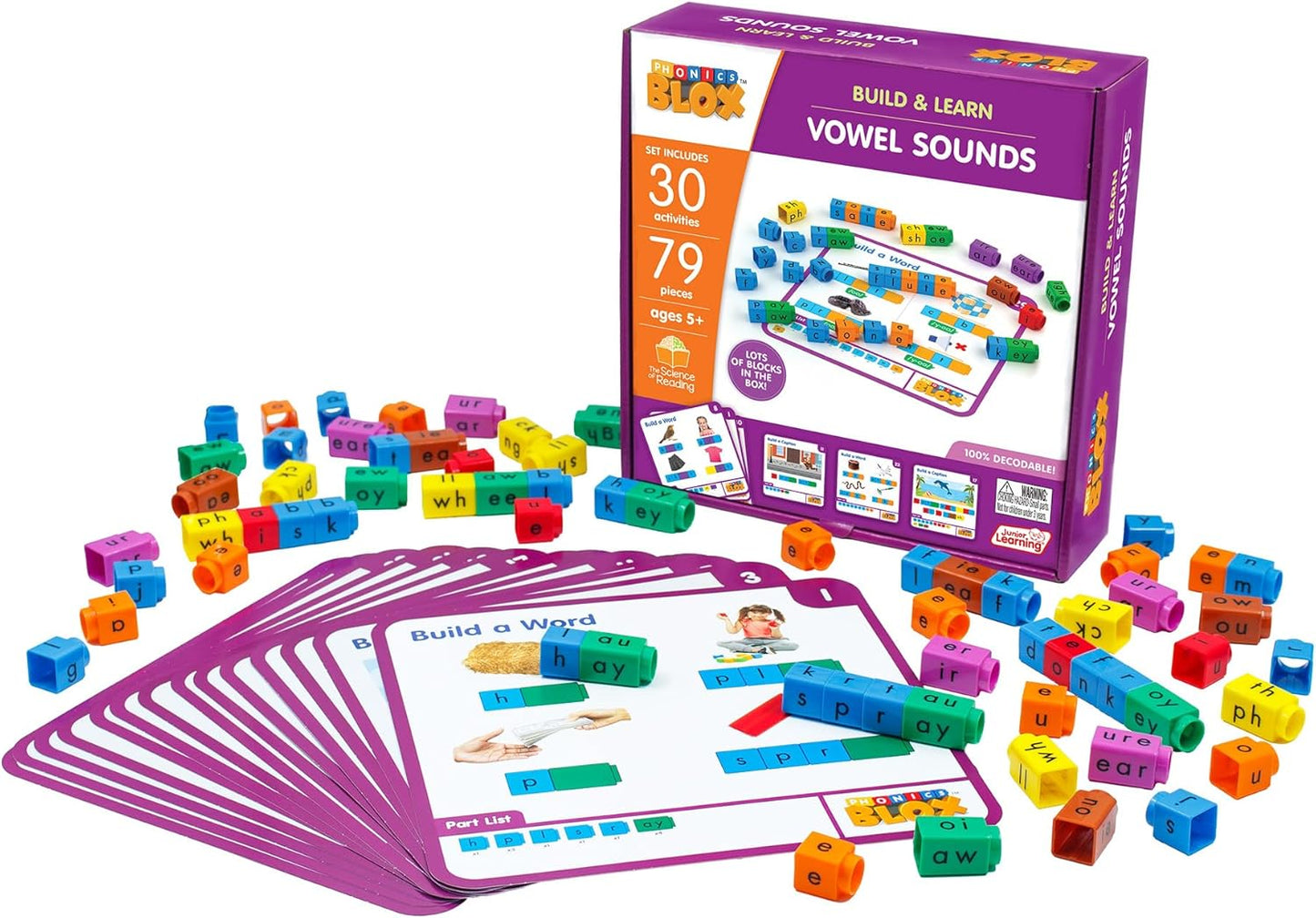 Junior Learning: Rainbow Phonics Blox: Vowel Sounds - Phase 5 - Build & Learn, 30 Activity Cards, Color Coded Blocks, Reading Development, Kids 5+