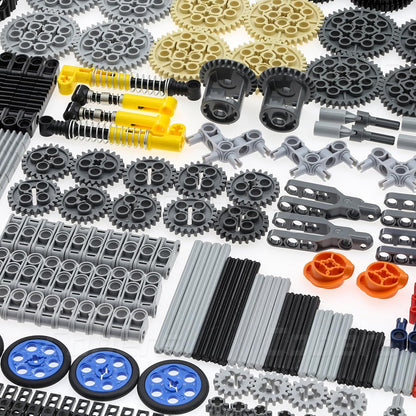 852pcs Technic-Parts Gears-MOC-Axles-Sets Connectors-Wheels-Pins-Beams Universal-Joints-Chain-Tracks-Tires-Shock-Absorbers Compatible with Major Brand Building Block Cars and Motors