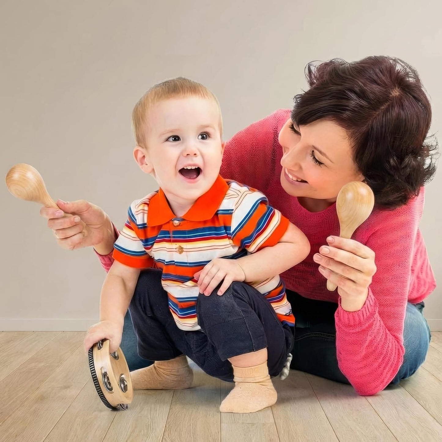 Stoie's Wooden Toddler Musical Instruments with Drum, Hand Bells, Flute, Maracas, Castanet, Tamburine, for Babies and Kids, Eco Friendly Montessori Educational Toy