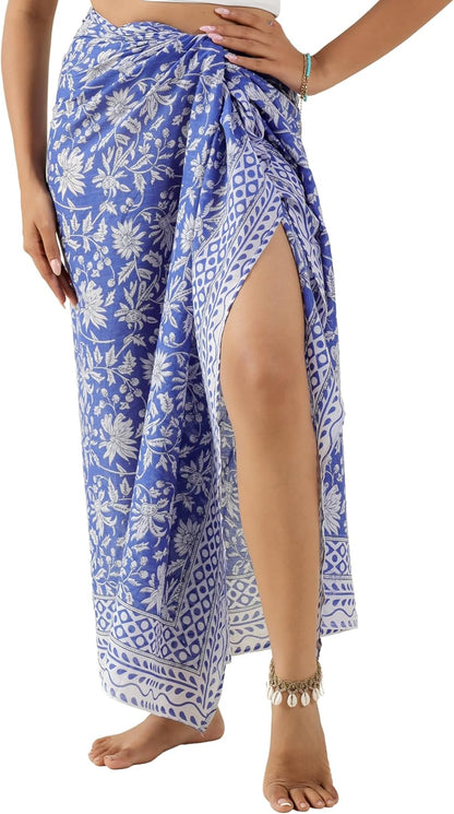 100% Cotton Sarong Cover Up for Women Indian Block Print Beach Wrap Skirt Long Boho Swimsuit Bikini Pareo (73” x 43”)
