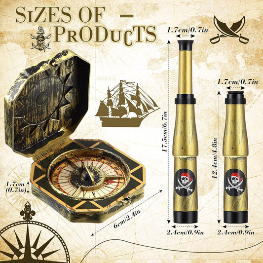 Gejoy 2 Pcs Pirate Accessories Set for Kids Mini Telescope and Compass Toy for Party Halloween Cosplay Antique Retro Plastic Pirate Party Supply Accessory Decor