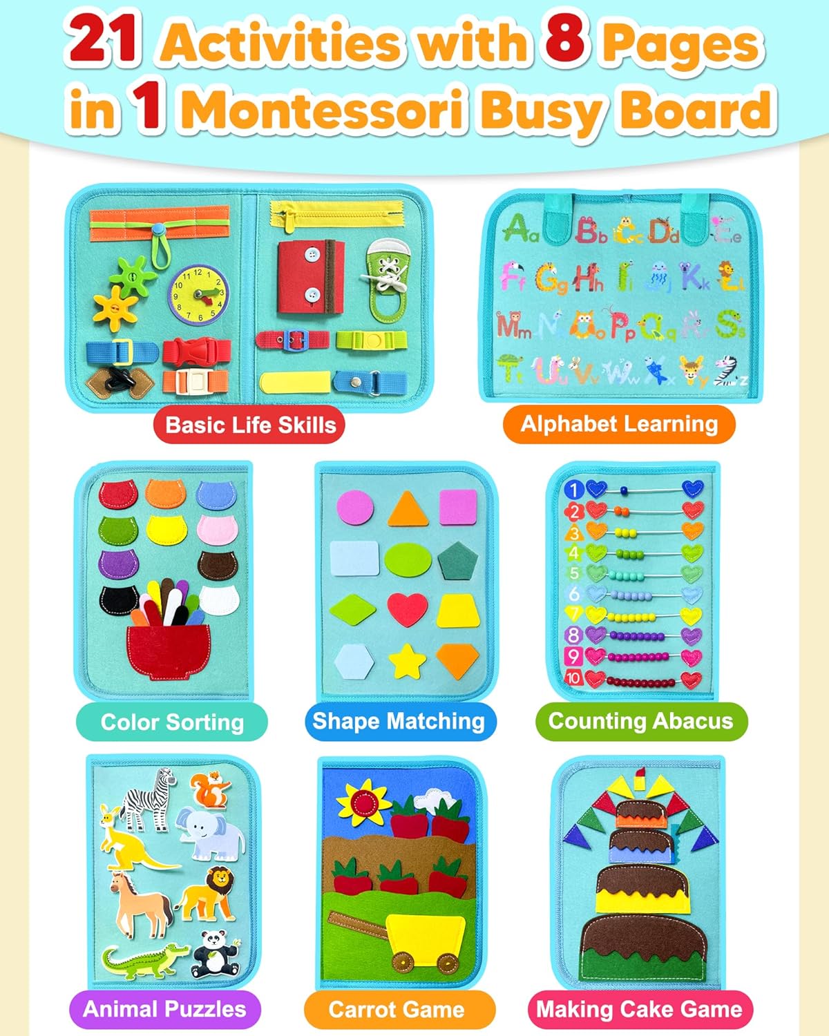 Exorany Busy Board Montessori Toys for Toddler Boys & Girls Birthday Gifts, Sensory Toys for Toddlers, Educational Travel Preschool Toddler Activities Learning Fine Motor Skills