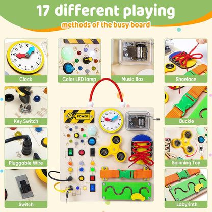 Montessori Wooden Busy Board Toys for 1 2 3 Boys Girls,Toddler Sensory Educational Fidget Board Travel Toy with LED Light Up Switches & Music Boxes, Locks for Kids Gifts