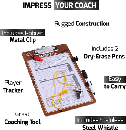 Dry Erase Coaches Clipboard - Includes Whistle and Dry Erase Markers - Double Sided Coach Whiteboard