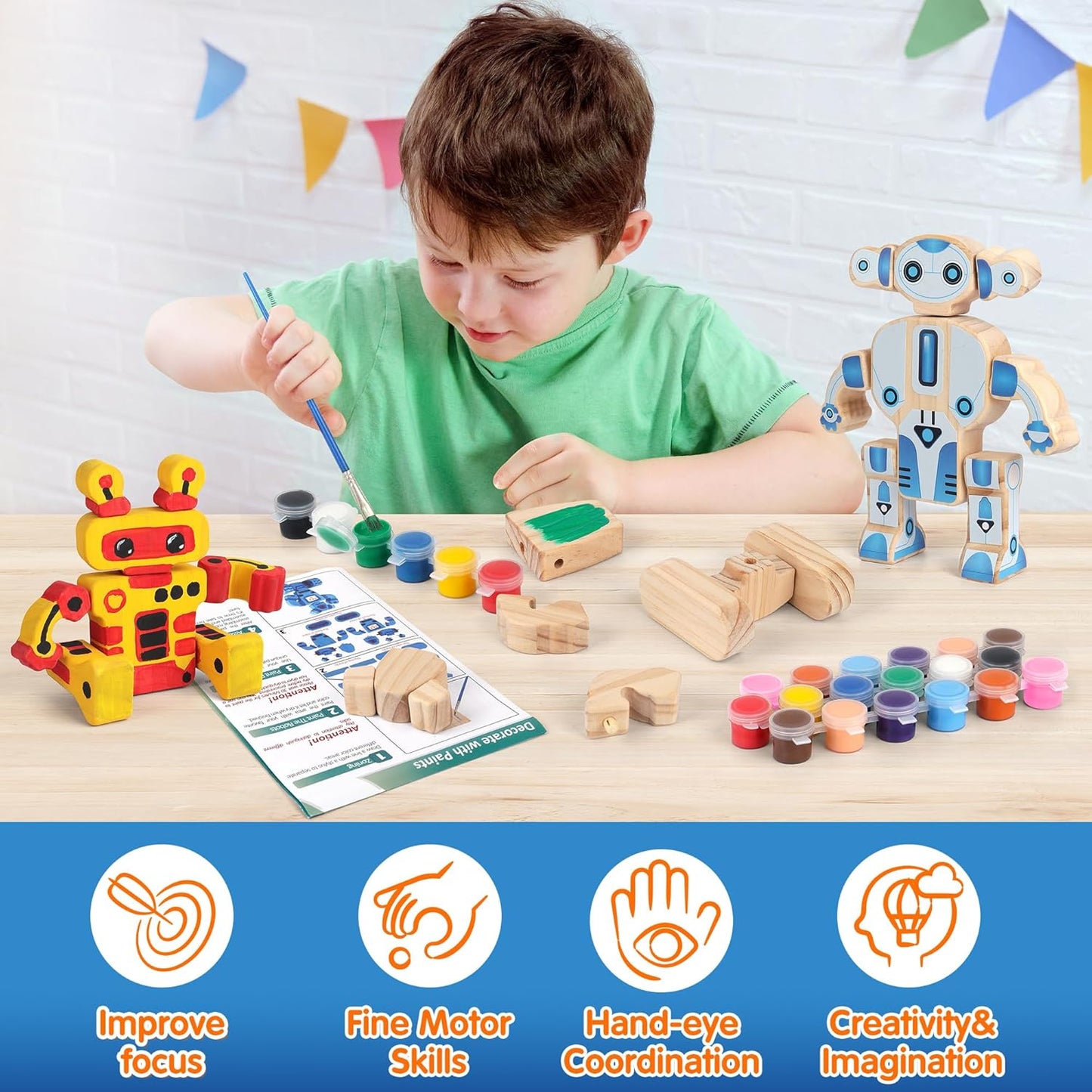 Mocoosy Wooden Robot Painting Art and Craft Kit for Kids Ages 3-5, Build & Decorate Your Own Robots with Paint & Stickers, Wood Robot STEM Game Montessoi Educational Toy Gift for Boys Girls 4-8 Years