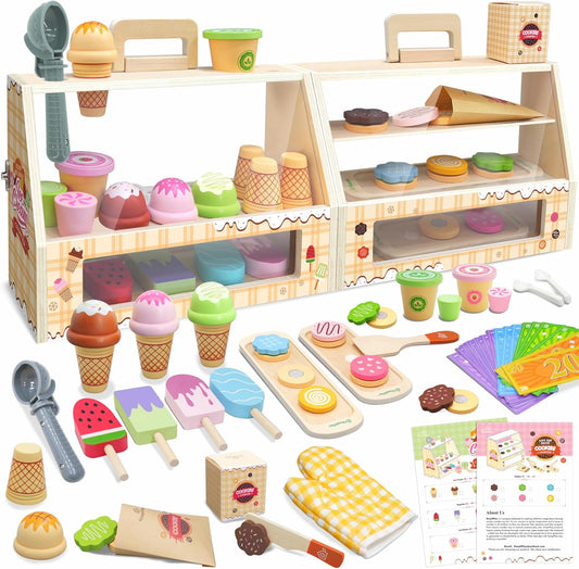 SIMPLIPLAY 2 in 1 Portable Wooden Ice Cream Toy & Cookie Play Set (63pcs), Slice and Bake Cookies, Scoop and Serve Ice Cream Counter with Pretend Play Food, Play Kitchen Accessories, Kids Gift Ages 3+