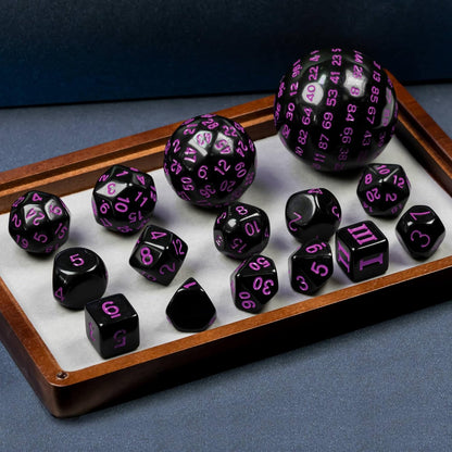 15 Pieces Complete Polyhedral DND Dice Set D3-D100 Spherical D&D Dice Set with Dragon Eye Dice Bag, D100 Dice for RPG Table Games(Black w/Purple Numbers)