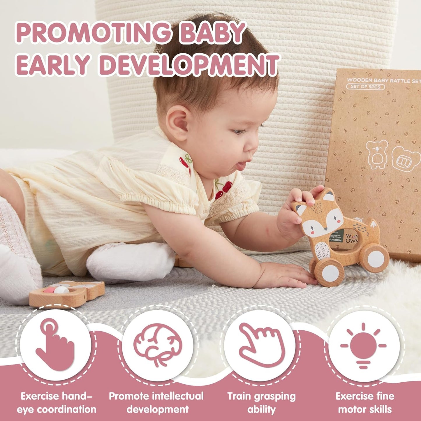 FReniland Wooden Montessori Baby Toys Set, 5-Piece Newborn Gift Set with Koala Rattle, Fox Stacking Rings & Push-Pull Toy for Boys and Girls