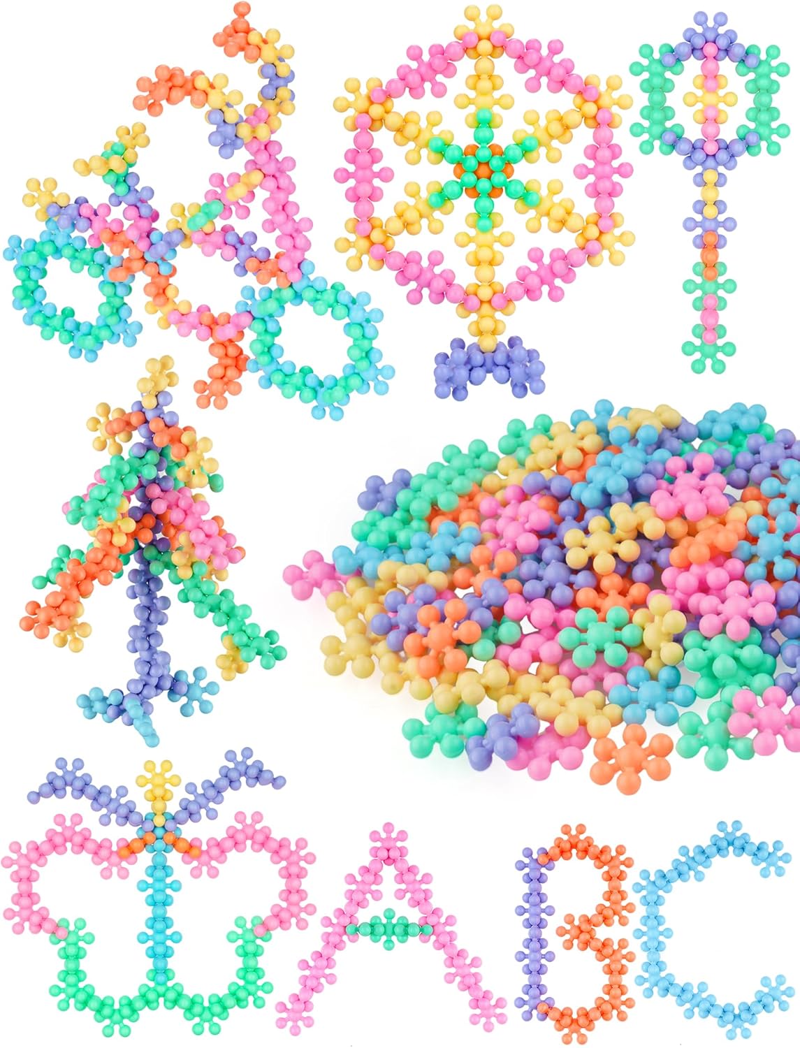 Snowflake Interlocking Building Block Educational Toy 300PCS for Kids Ages 3+, Multi-Color Solid Plastic Early Learning Creativity STEM Toy with Carrying Case Safe Material