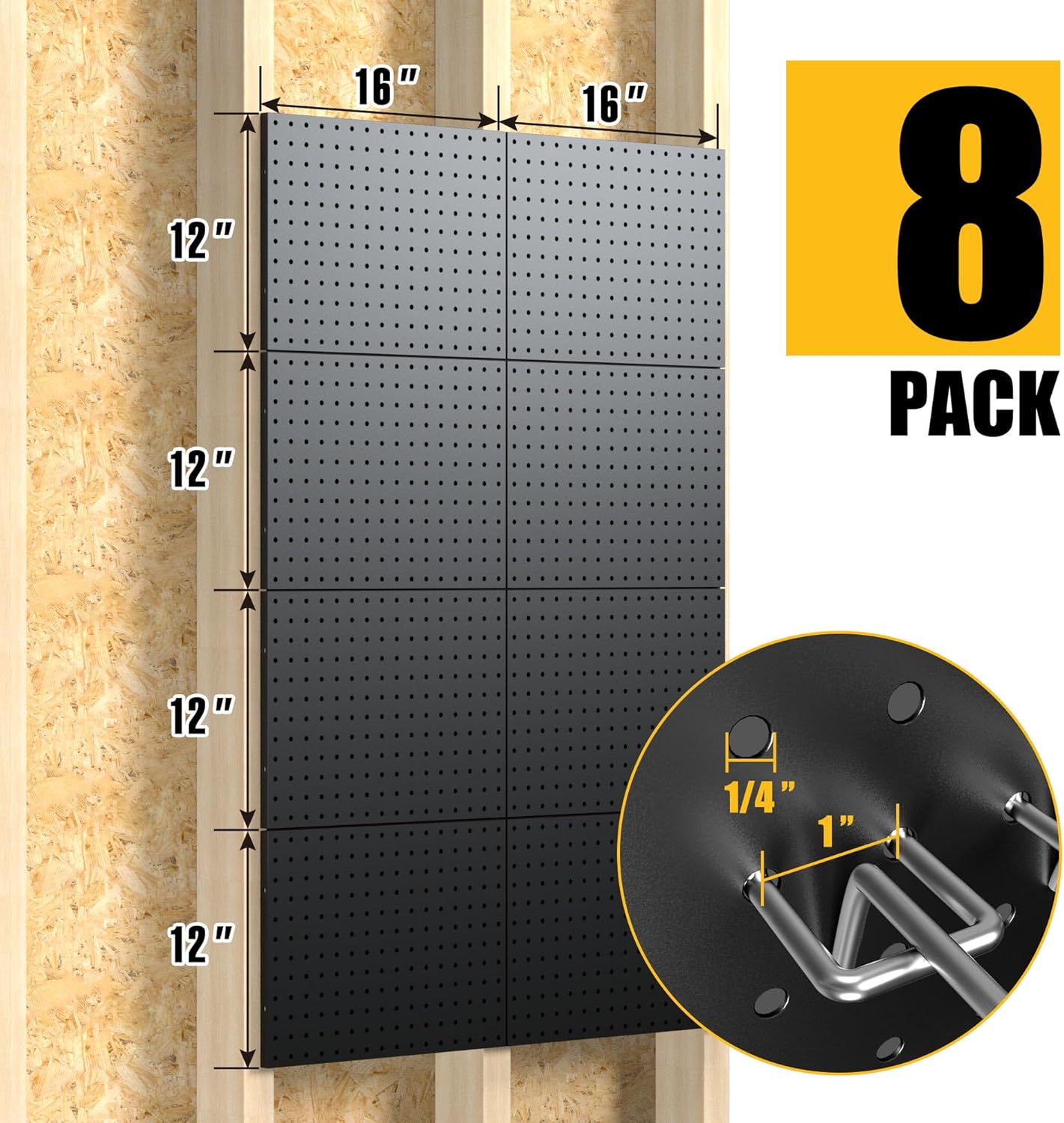 Spampur Peg Board, 4 Pack Metal Pegboard Panels with 50 Hooks, Black Pegboards Wall Organizer, Heavy Duty Peg Board for Walls Home, Garage Tool Storage, Office Organization, Craft Room, Kitchen