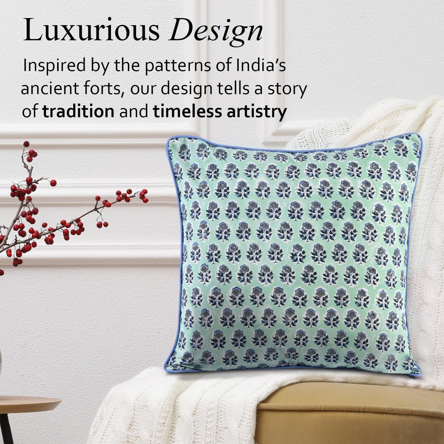 CPC 100% Cotton Throw Pillow Covers 18x18 Inch, Set of 2 Green Block Print Pattern Couch Pillow, Cute Boho Decorative Pillows for Living Room, Bedroom with Hidden Zipper- Agate Green