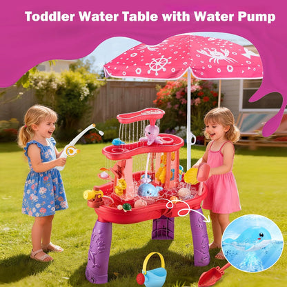 Water Table for Toddlers 3-5 Outdoor Toys for Kids Ages 4-8 3-Tier Kids Sand Water Table with Fishing Game Set Activity Sensory Table Summer Gift Beach Outside Toys for Toddler Girl