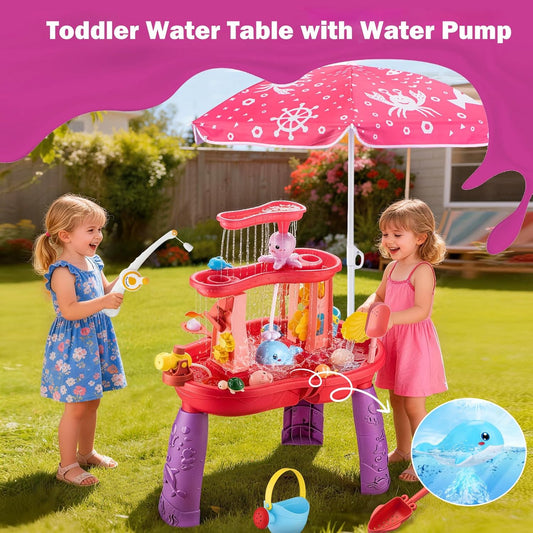 Water Table for Toddlers 3-5 Outdoor Toys for Kids Ages 4-8 3-Tier Kids Sand Water Table with Fishing Game Set Activity Sensory Table Summer Gift Beach Outside Toys for Toddler Girl