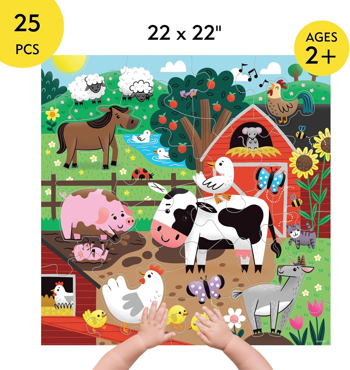 Mudpuppy Farm Friends – 25 Piece Floor Puzzle with 6 Barnyard Animal Shaped Pieces Featuring an Adorable Illustration of A Farm