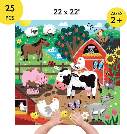 Mudpuppy Farm Friends – 25 Piece Floor Puzzle with 6 Barnyard Animal Shaped Pieces Featuring an Adorable Illustration of A Farm